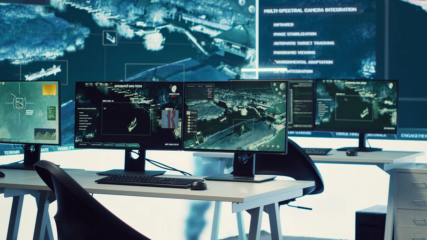 Intelligence operations center with surveillance monitoring